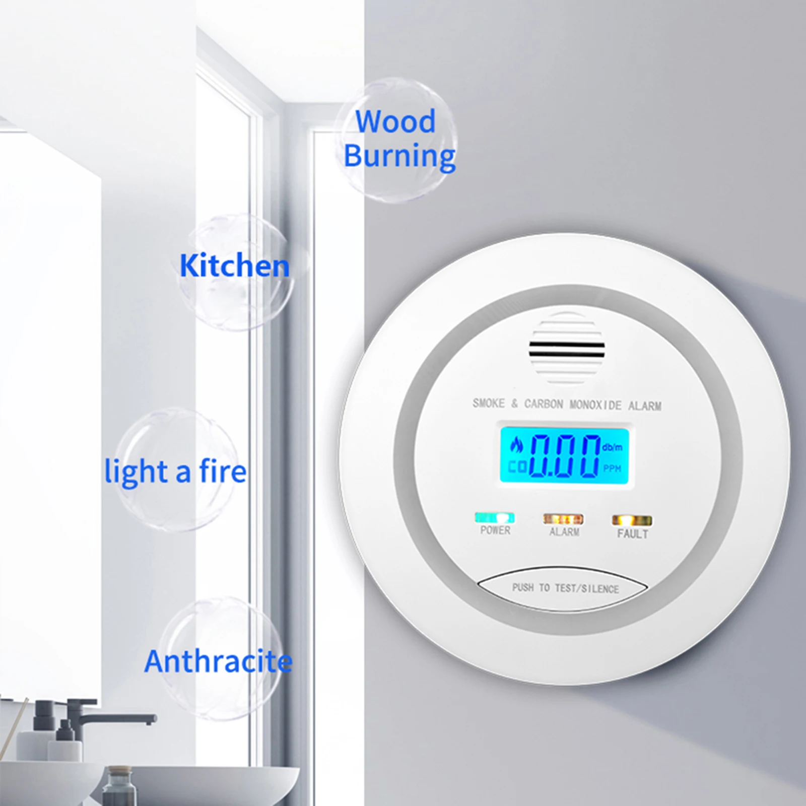 Carbon Monoxide Alarm Co Detector LCD Display Alarm with LCD Digital Display Sound Warning Smoke Alarm for Home Bedroom Kitchen