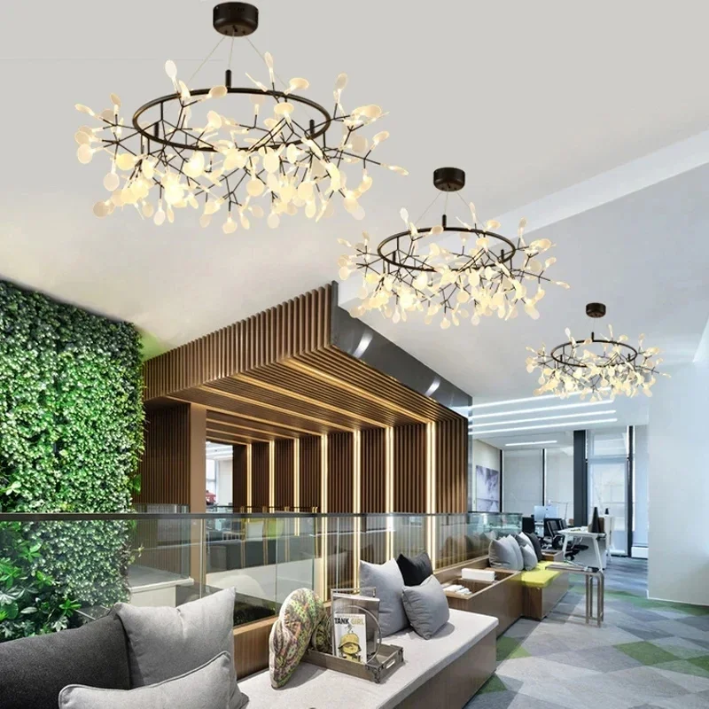 Round Branch Led Chandelier Light For Bedroom Living Room Lounge Salon Office Black Modern Firefly Hanging Pendant Chandeliers