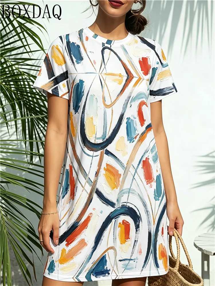 Women's new line abstract printed short sleeved round neck loose dress 2026 summer fashion casual Harajuku women's party outfit
