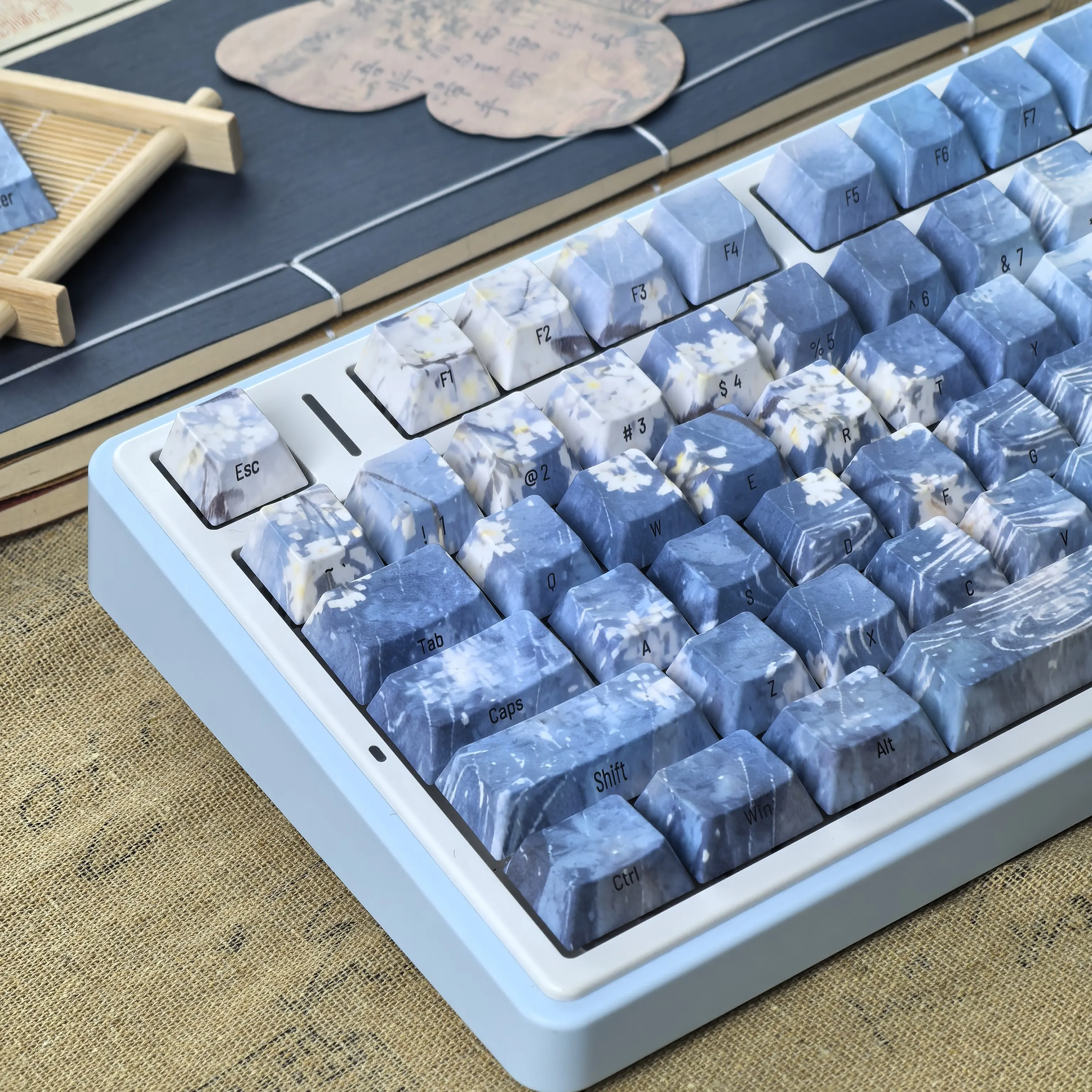 MAIMOOO Pear Blossom Rain Keycap Blue Gradient Water Ripple Side Carved Keyboard Keycap Cherry Pbt Thermal Sublimation Keycaps