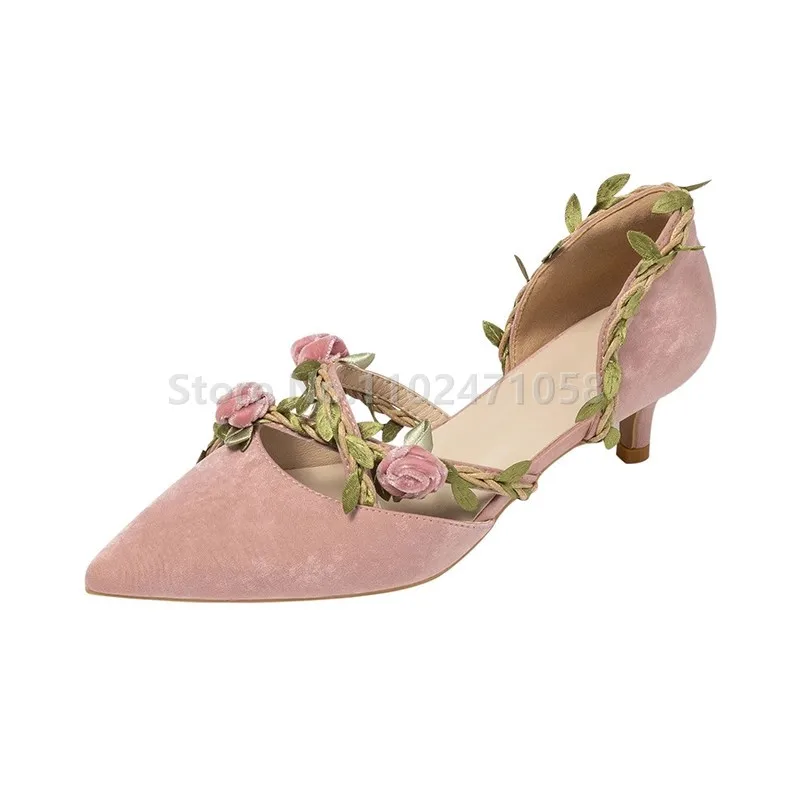 

Retro Women Pumps Pink Flower Vine Decor Pointed Toe Thin Heels Wedding Bride Hight Heels Shoes Shallow Slip-On Summer Sandals