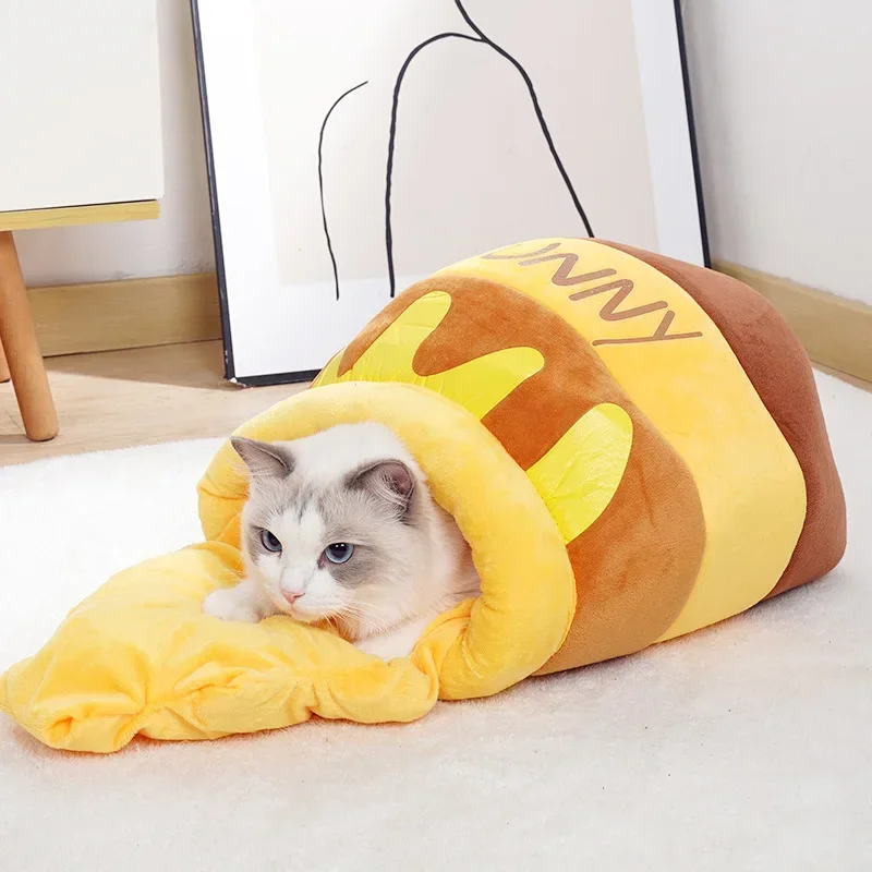 

Yellow Honey Pot Cat Bed Honey Jar Shape Bed Cute Plush Cartoon Warm Pet Bed Cat House Mat Soft Pet Nest for Small Cats Dogs