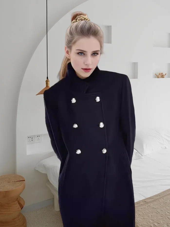 

Slim Fit Pure Color Mid-Length Woolen Coat with Stand Collar for Women Autumn Winter Fashion Casual Style Long Sleeve Coat