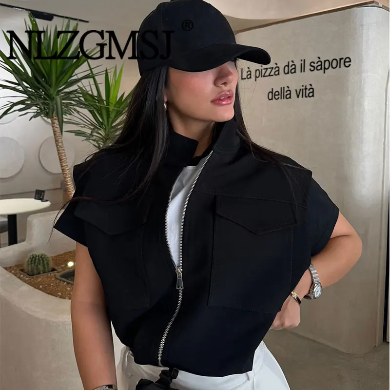 

Nlzgmsj 2026 Women Leisure Pocket Decoration Vest Women Stand Collar Sleeveless Solid Top Fashion Streetwear Vest Tops Y2k