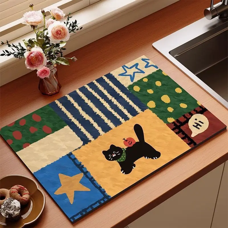 Color Blocking Small White Cat Kitchen Drain Pad, Anti Slip Coffee Machine Tableware, Kitchen Countertop Protection Pad