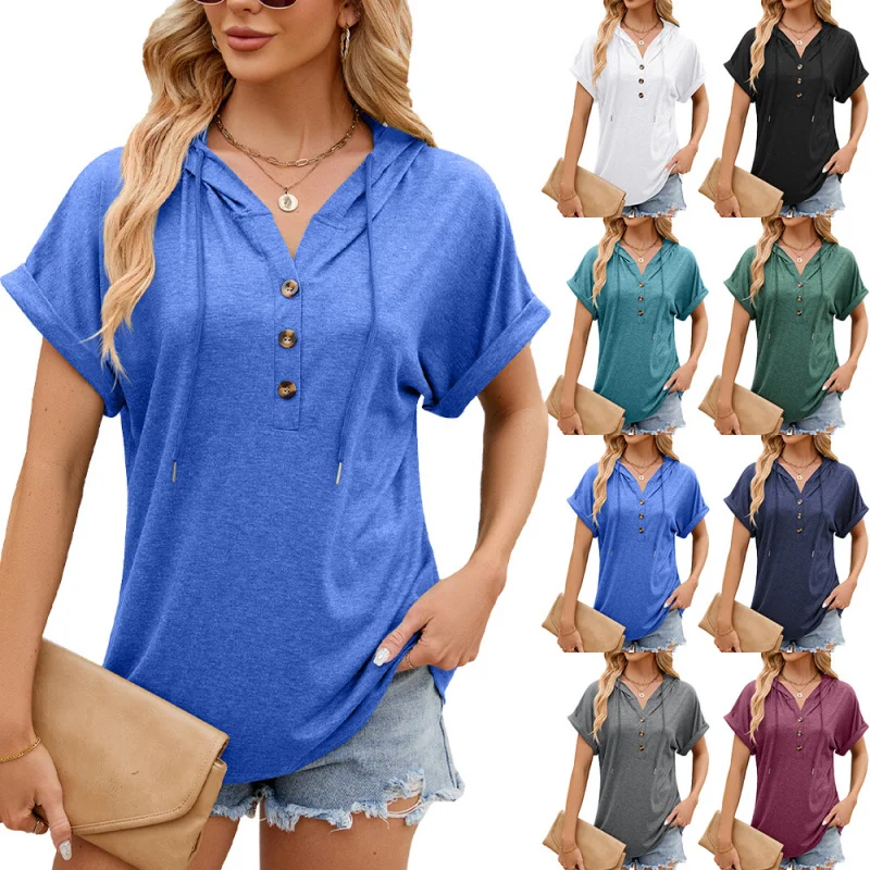 

2025Popular2025Popular European and American New Spring/Summer New Hooded Drawstring Button Solid Color LooseTShirt Top