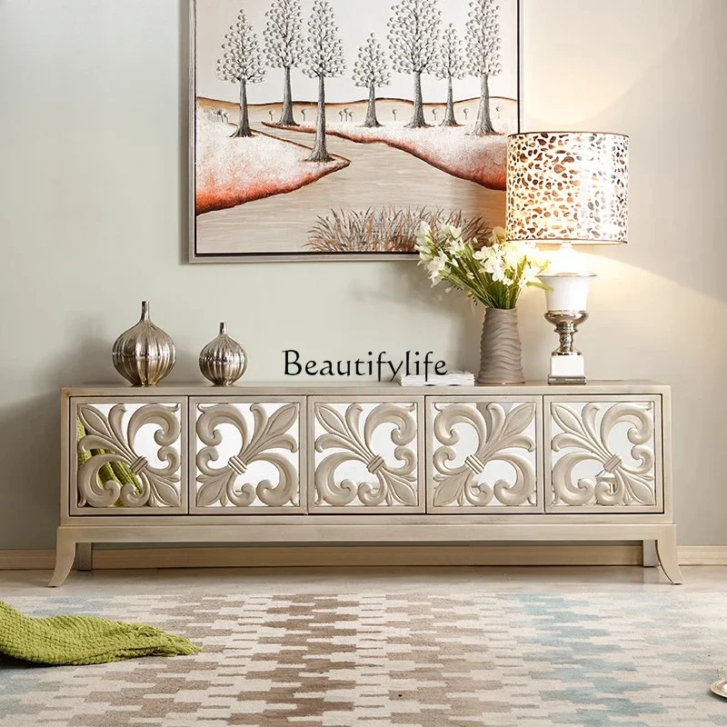 

01Neoclassical glass TV cabinet European-style engraved champagne silver old short audio-visual cabinet