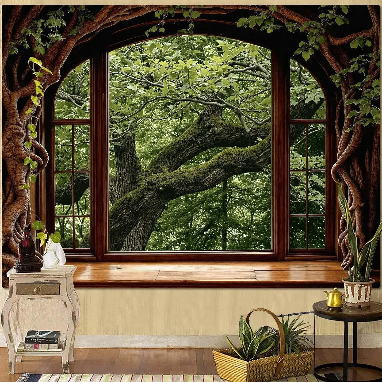 Large Forest Nature Tapestry Mural Woodland Window View Greenery Biophilic Wall Art Hanging Decoration Backdrop 150x300cm