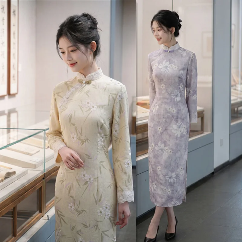 Chinese Style Modified Cheongsam 2026 Autumn New Slim Fit Linen Embroidered Long Sleeved Women's Qipao Dress