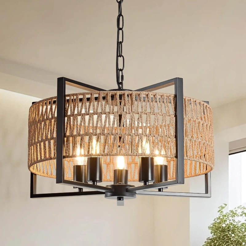 Industrial Hemp Rope Handmade Pendent Lamps Retro Metal Chain Sling Cafe Restaurant Kitchen Living Room Hand Knitting LED Lights