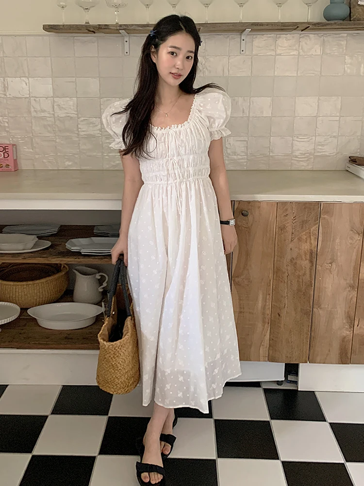 Franse Vaion Sle Dames Dr Zomer Zachte Personali Vierkante Kraag Geplooide Taille Afslankende Bubble Sve Lange Dr