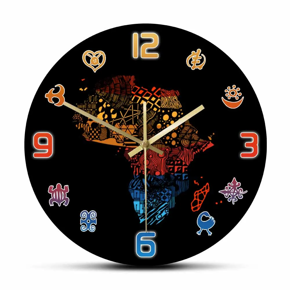 African Map Printed Acrylic Wall Clock Home Decor For Living Room Adinkra Symbols Gradient Ramp Silent Non-ticking Wall Clock