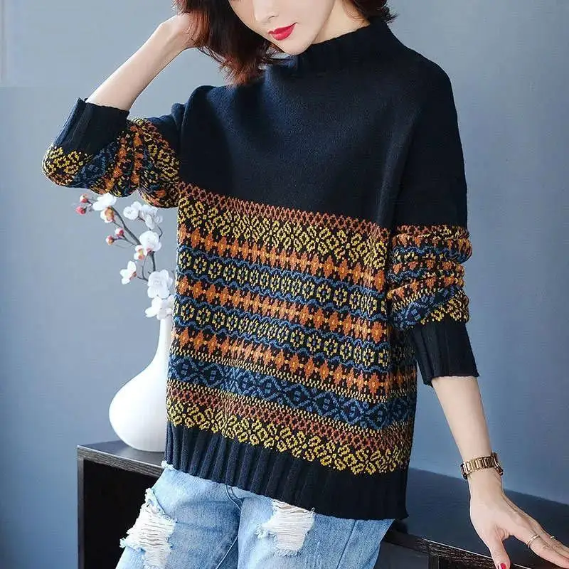 Women Vintage Ethnic Style Jacquard Knitted Sweaters Autumn Winter Korean Fashion Half High Collar Long Sleeve Tops Loose Jumper