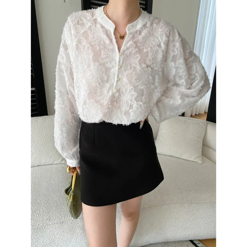 

Spring New V-neck Lace Blouses Women Elegant Loose Lantern Sleeve Button Shirts