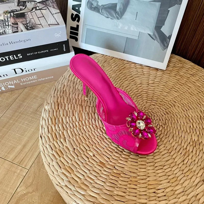 

Ladies Lace Wedding Shoes Round High Heels Mesh Breathable Rhinestone Stiletto Sandals