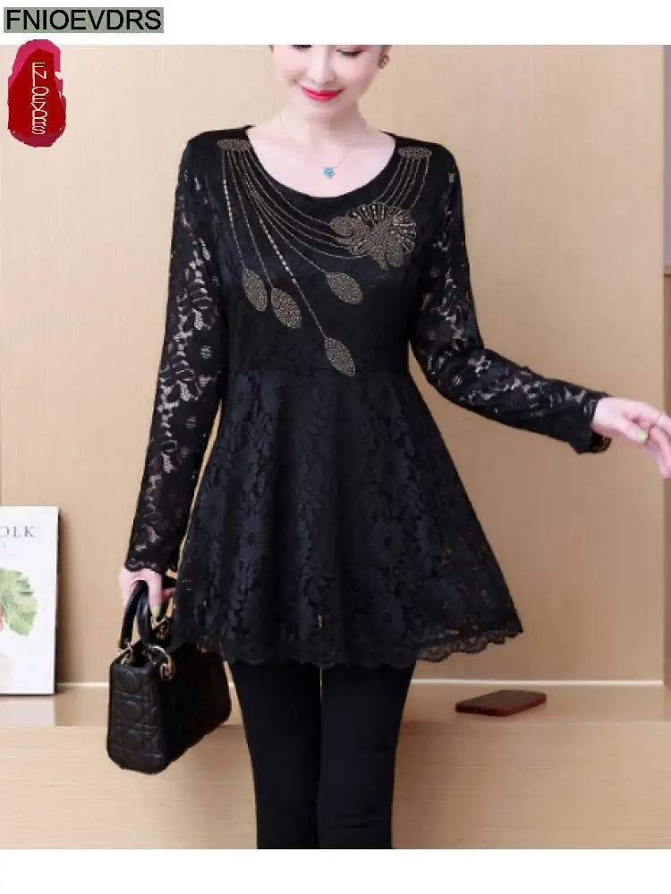 2022 Autumn Black Lace Tunic Bling Tops Hot Women Long Sleeve Elegant Office Lady Patchwork Sheer Belly Design Peplum Top Blouse