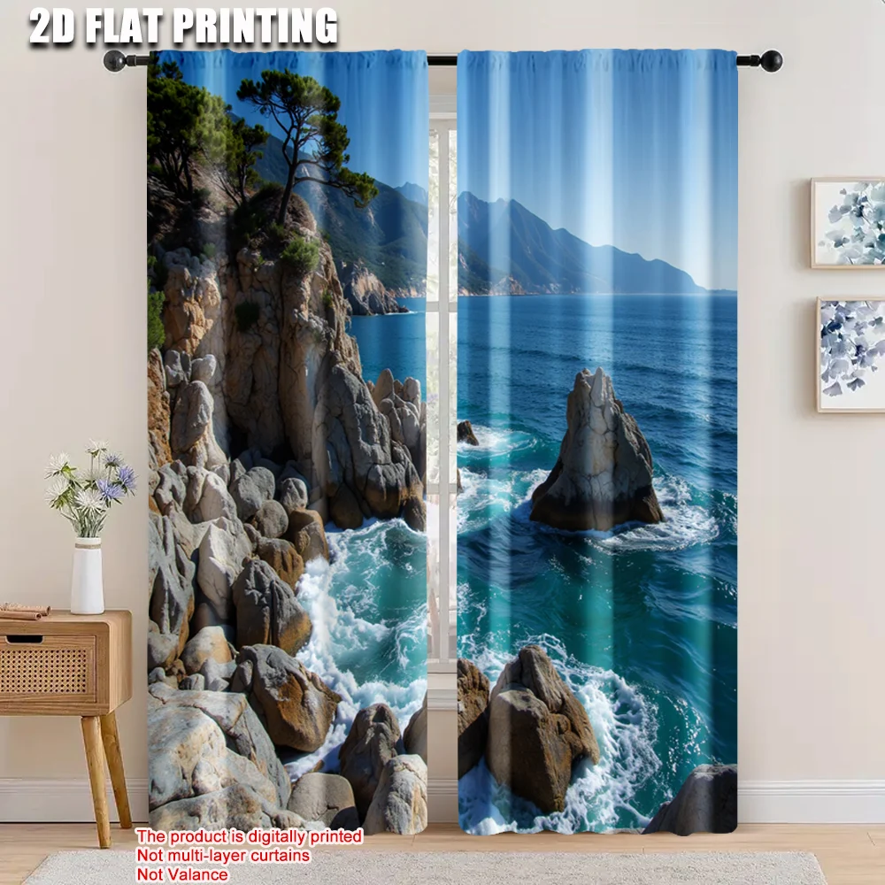

2pcs, 2D flat printing Drapes seascape Durable Polyester,Without Electricity Birthday Party for Holiday Parties, Home Decor