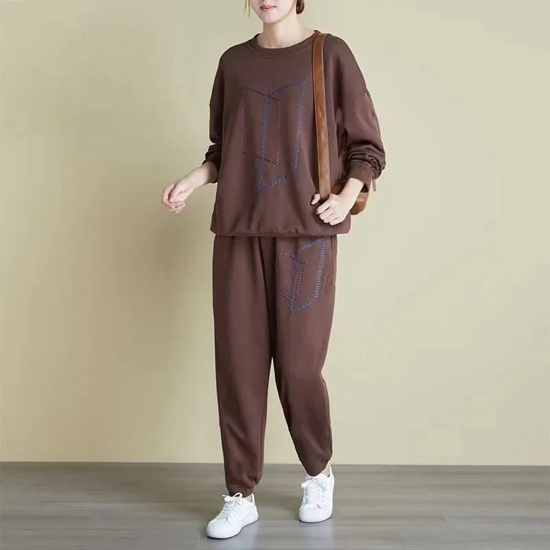 Women Loose Embroidery Tracksuit Crew Neck Sweatshirt Jogger Pants Casual Two Piece Outfit Plus Size