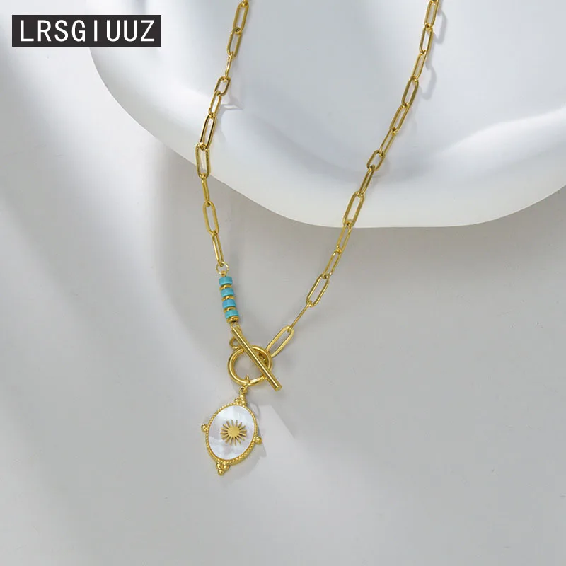 European Fashion Stainless Steel Ot Button Star Necklace For Girls French Vintage Turquoise Tassel Clavicle Chain For Women