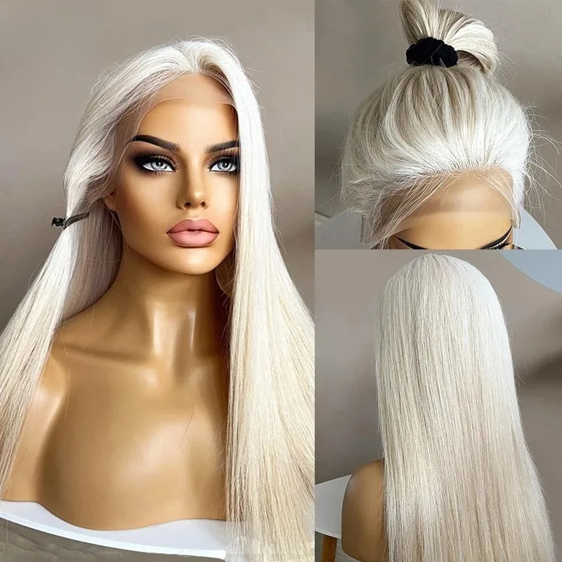 

Белый парик с прямой текстурой, синтетический, с HD-основой 13x4 и комбинированным кружевом, термостойкий, без клея, для косплея, для белых женщин