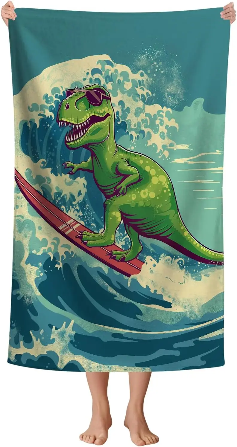 Kids Dinosaur Beach Towel, Funny Green Dino Surfing on Blue Wave Design Quick-Dry Absorbent Bath Towel for Boys and Pool