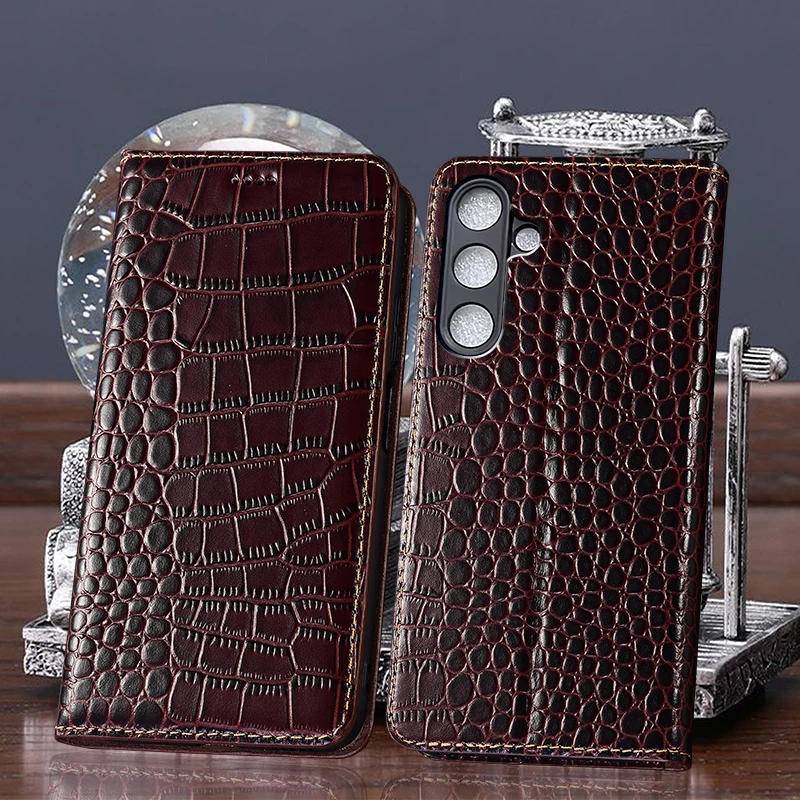 

For Samsung A14 A15 A16 A24 A26 A34 A35 A36 A53 A54 A56 A73 4G 5G Crocodile Pattern Of Genuine Leather Flip Phone Case Cowhide