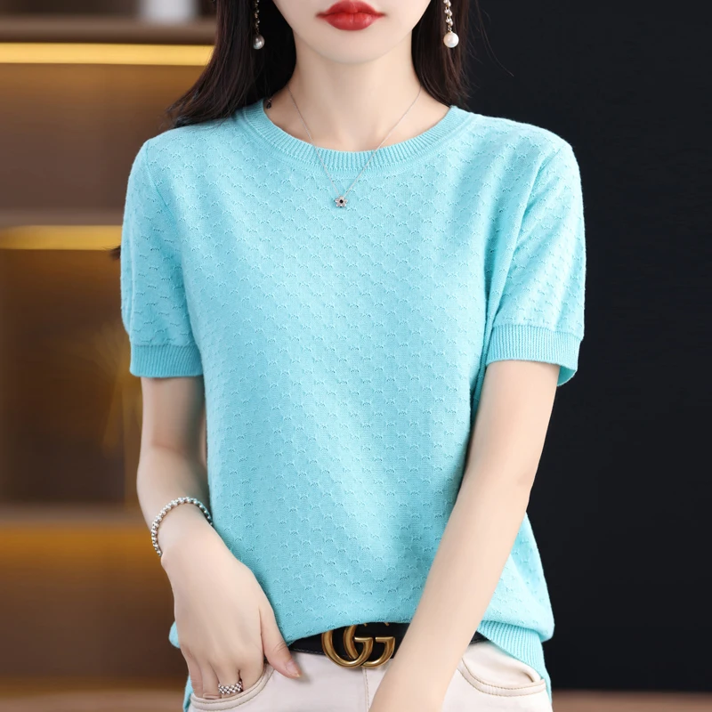 

Футболка из 100% чистого хлопка, женская, трикотажная, однотонная, с короткими рукавами, повседневная, с круглым вырезом, летняя, базовая, свободная, универсальная.