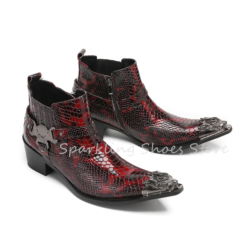 

Fashion Design Lion Head Leather Shoes for Men Metala Pointed Toe Chunky Heel Chelsea Boots Male Snakeskin Pattern Short Boots