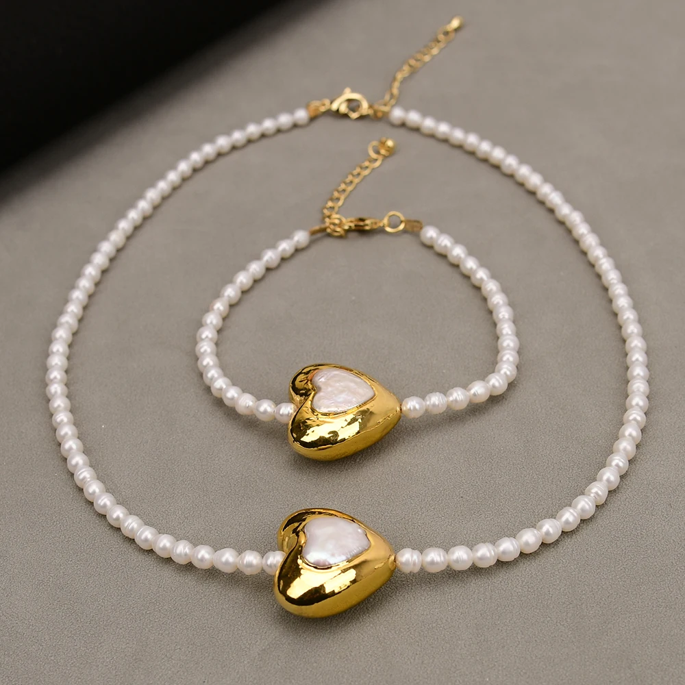 G-G Cultured White Rice Pearl Gold Edged Heart Pearl Pendant Necklace Bracelet Sets