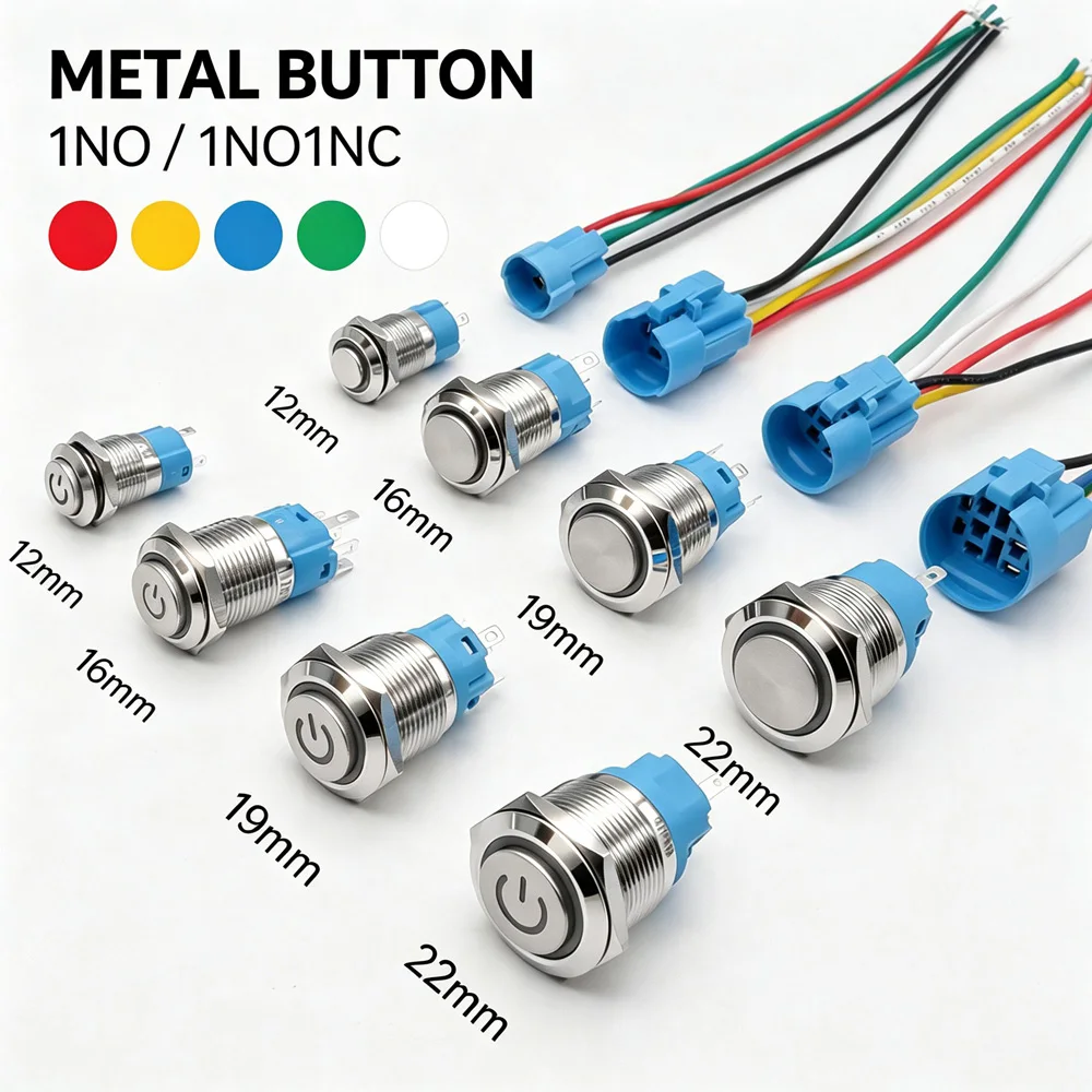 12mm 16mm 19mm 22mm IP66 Waterproof High Circular Metal Button Switch, Red LED Momentary Latching Lock 3V 6V 12V 24V 110V 220V