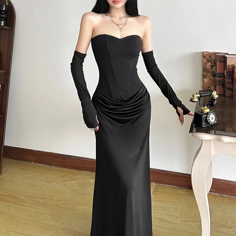 

Autumn Fashion High Waist Ankle-length Black Personality Socialite Temperament Sexy Tube Top One-word Shoulder Slim Dress Women