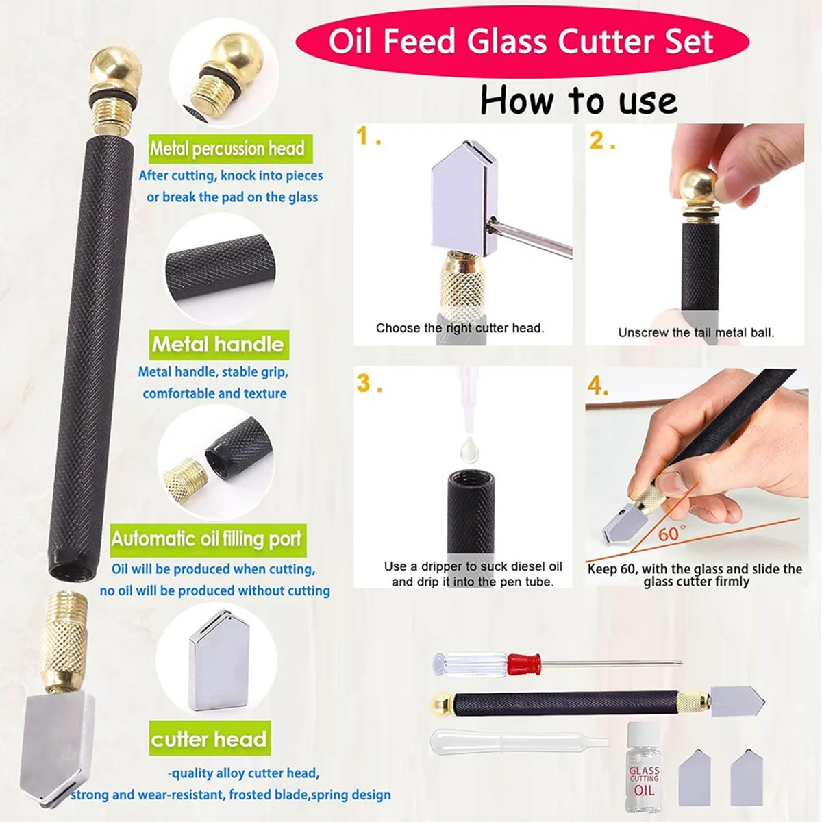 A002 Glass Cutter 3mm-14mm, Glass Cutting Tool with Glass Cutting Oil,Aotomatic Oil Feed, Carbide Tip Scriber,Steel Ruler