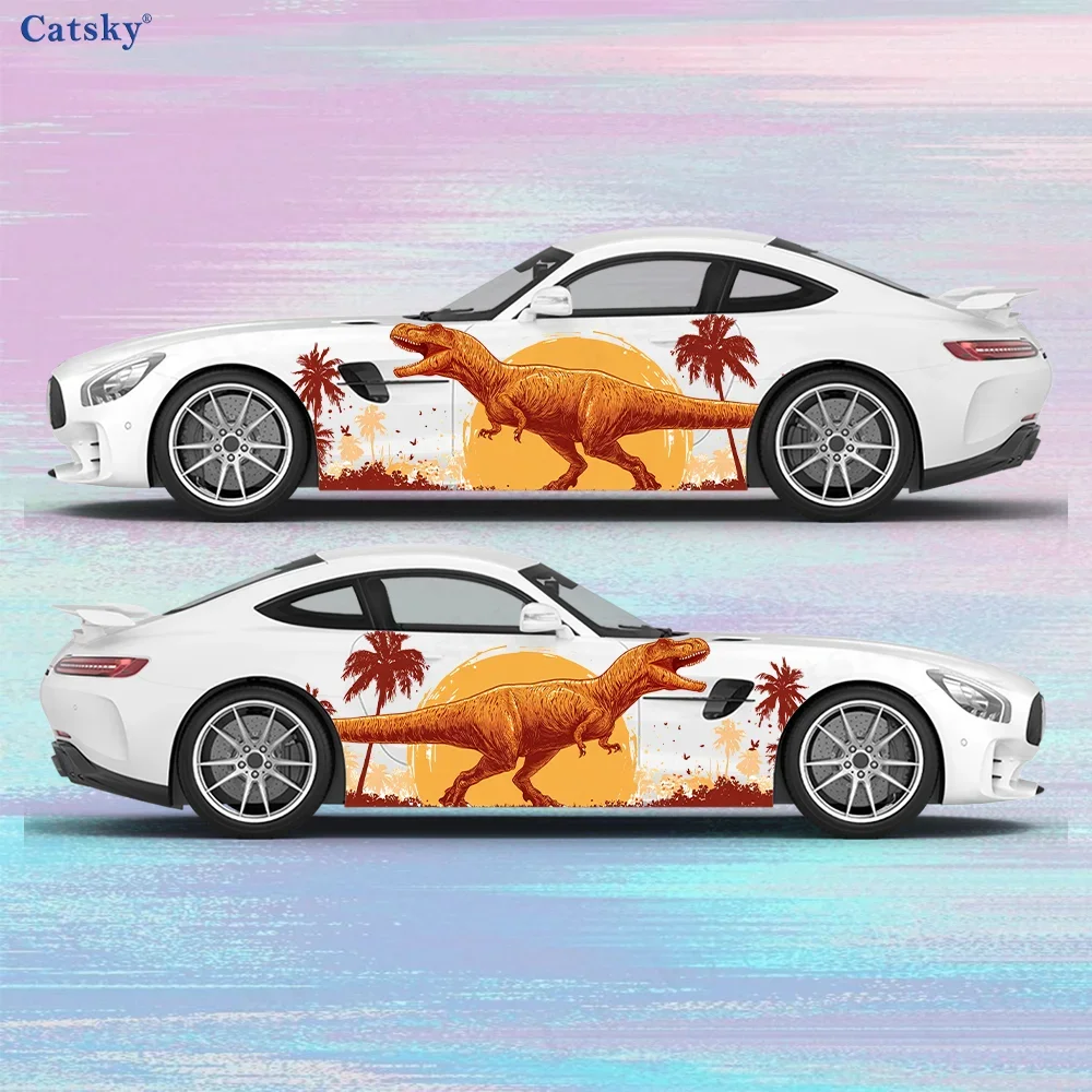 2pcs Dinosaur Sunset Palm Tree Car Vinyl Wraps Decal Self-adhesive PVC Sticker Suitable for Trucks Decor Auto Accessories Gift