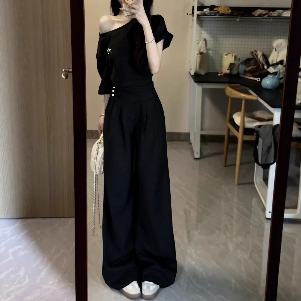 

Leisure Two-piece Set Korean Summer Gray Waist Cinched Short Sleeved Minimalist Top Wide Leg Pants Two-piece Set