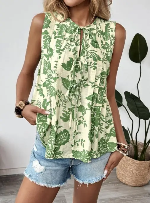 2025 Summer Women's Sleeveless Shirt Vest Tank Top Female Womens Clothing New Style Sexy Elegant Top Printed Crimson Lace Up