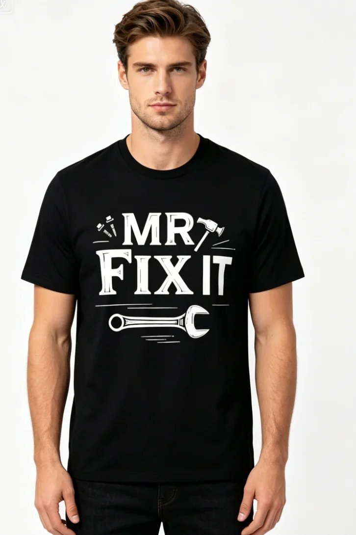Mr Fix It with Wrench and Tools Graphic T Shirt Casual Short Sleeve Tee for Handymen Crew Neck Slight Stretch Same Style for Men