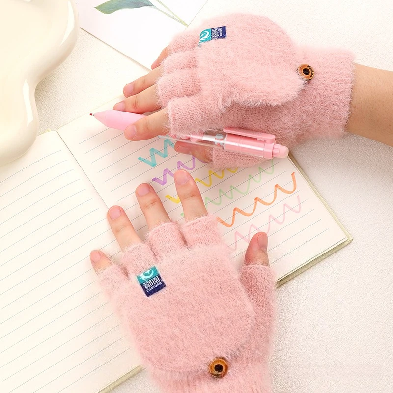 

Plush Fingerless Gloves Female Winter Mitten Soft Warm Student Women Flip Gloves Outdoor Write Gloves Thickened Cold Protection