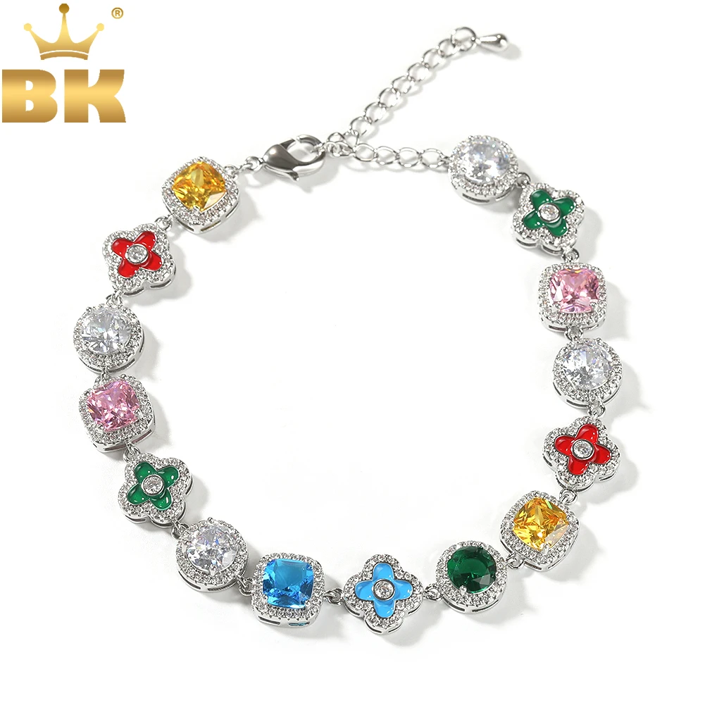 

THE BLING KING Enamel Floral Bracelet Iced Out AAAAA+ Rainbow Cubic Zirconia Gem Charm For Men Rock Hiphop Jewelry
