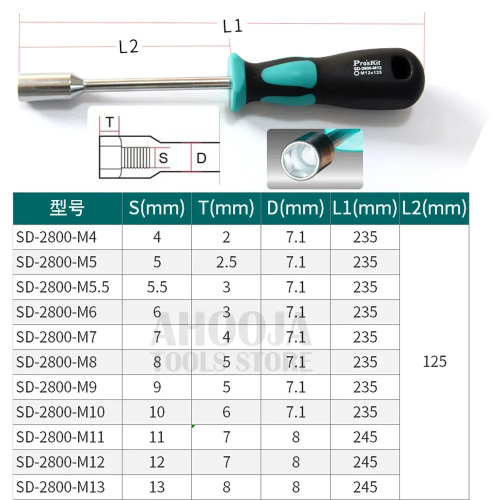 Pro'sKit Hollow-Shaft Nut Driver Hex Bit Socket Key Wrench Screwdriver Hand Tools 7-18mm Metal Socket Driver Hex Nut Key Wrench