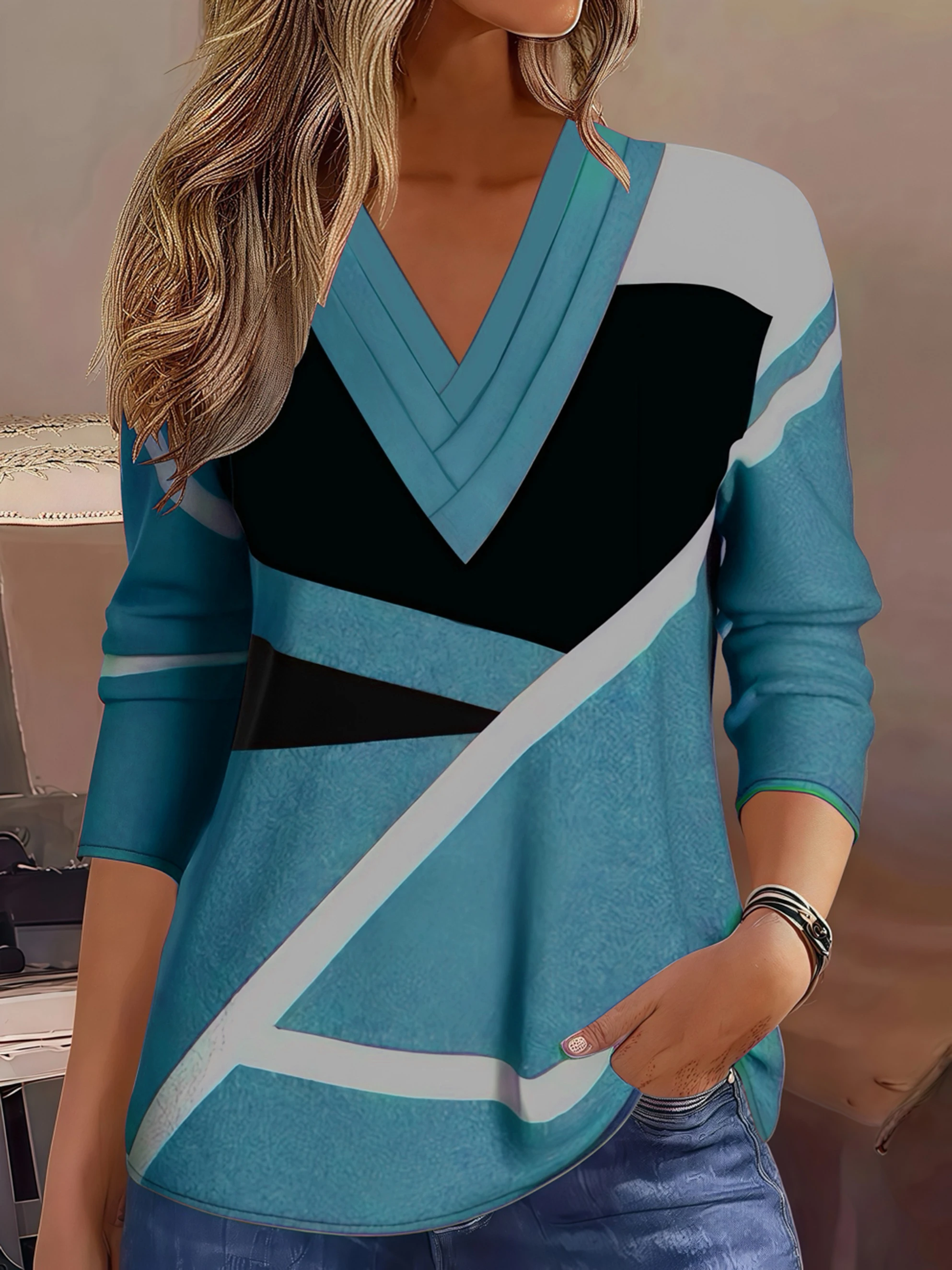 Camiseta elegante de manga comprida com decote em V para mulheres, blusa plus size com estampa geométrica, moda outono