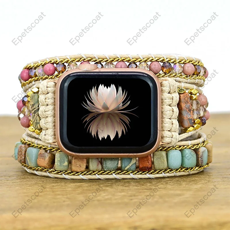 

3-слойный плетеный браслет с каменными бусинами для Apple Watch 10 46 42 мм 9 8 7 6 5 4 3 Ultra 1 2 SE 38 40 41 44 45 49 петли 012