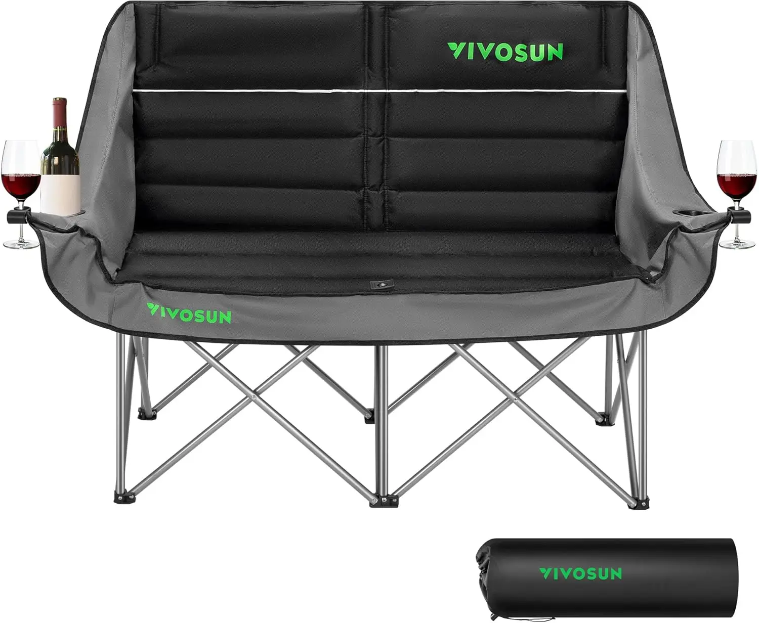 

Double Camping Chair, Fully Padded Folding Loveseat, Oversized Duo Chair with Cup & Wine Glass Holders, Pocket, Armrests