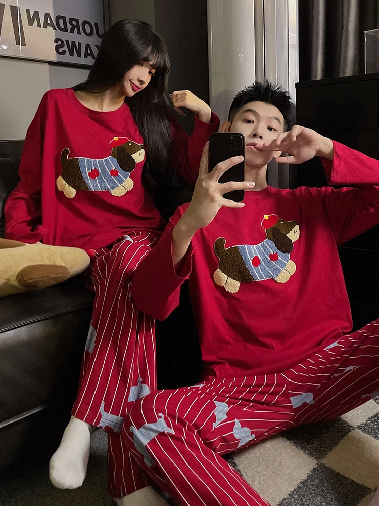DAIMELU red festive couple pajamas women's spring and autumn suit cotton long-sleeved cartoon sleepwear men's loungewear set