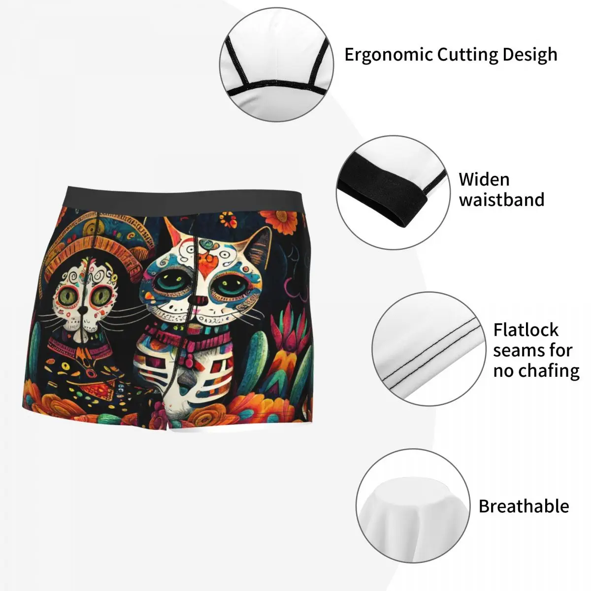 Boxer Underpants Shorts Day Of The Dead Kitten Cat Sugar Skull Dia De Los Muertos Panties Men Ventilate Underwear for Homme Man
