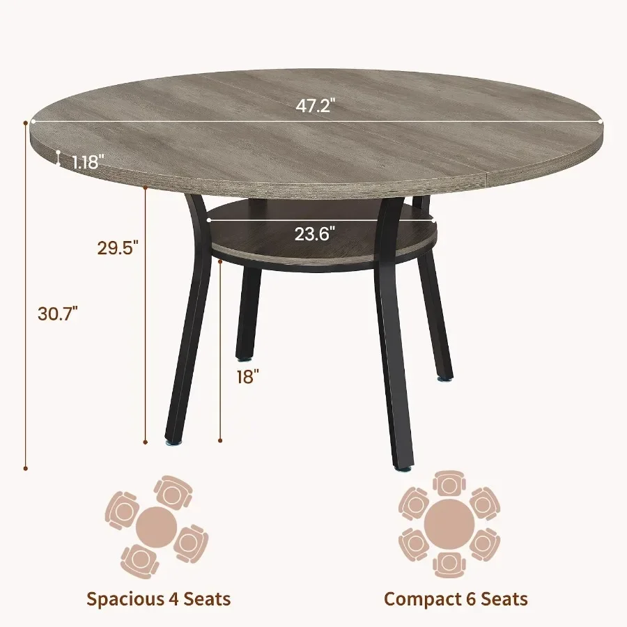 Round Dining Table with Storage Shelf for 4, Circle Kitchen Table, Gray