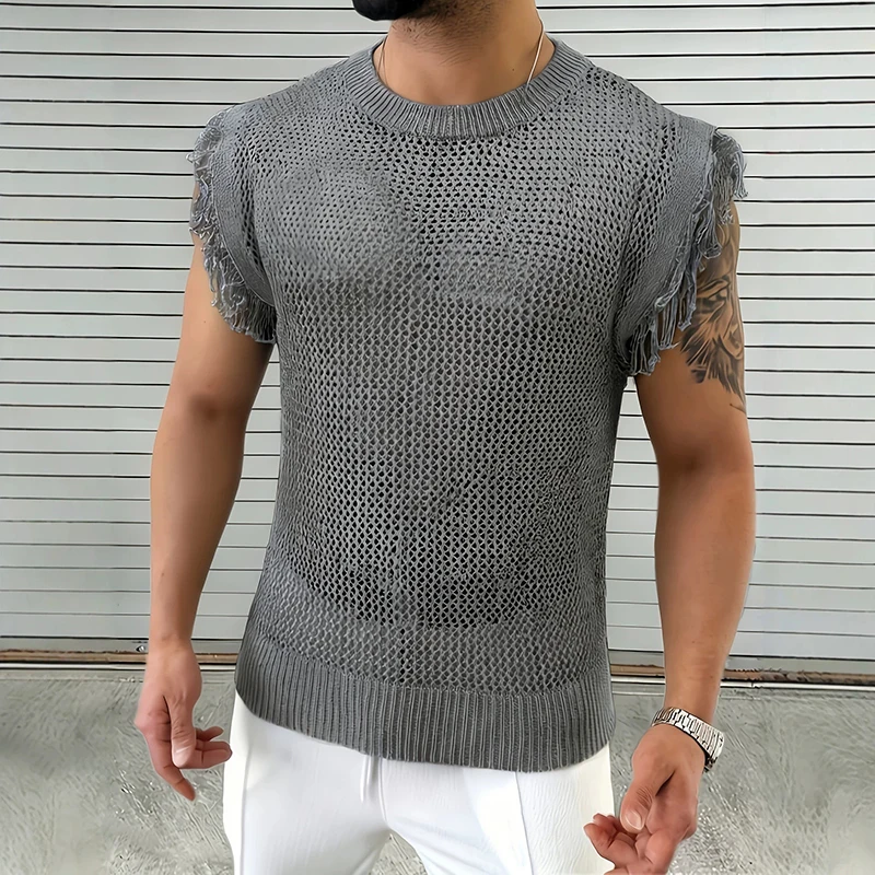Summer Outdoor Breathable Camisole Mens Streetwear Vintage Ripped Sleeveless Tank Tops Knitting Hollow Out Transparent Vest