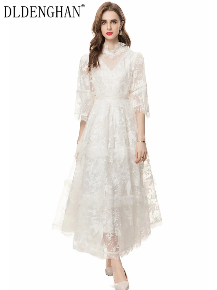 

DLDENGHAN Summe Long Dress Women's O-Neck Flare Sleeve Floral Embroidery Crystal Vintage Party Dresses Fashion Designer New