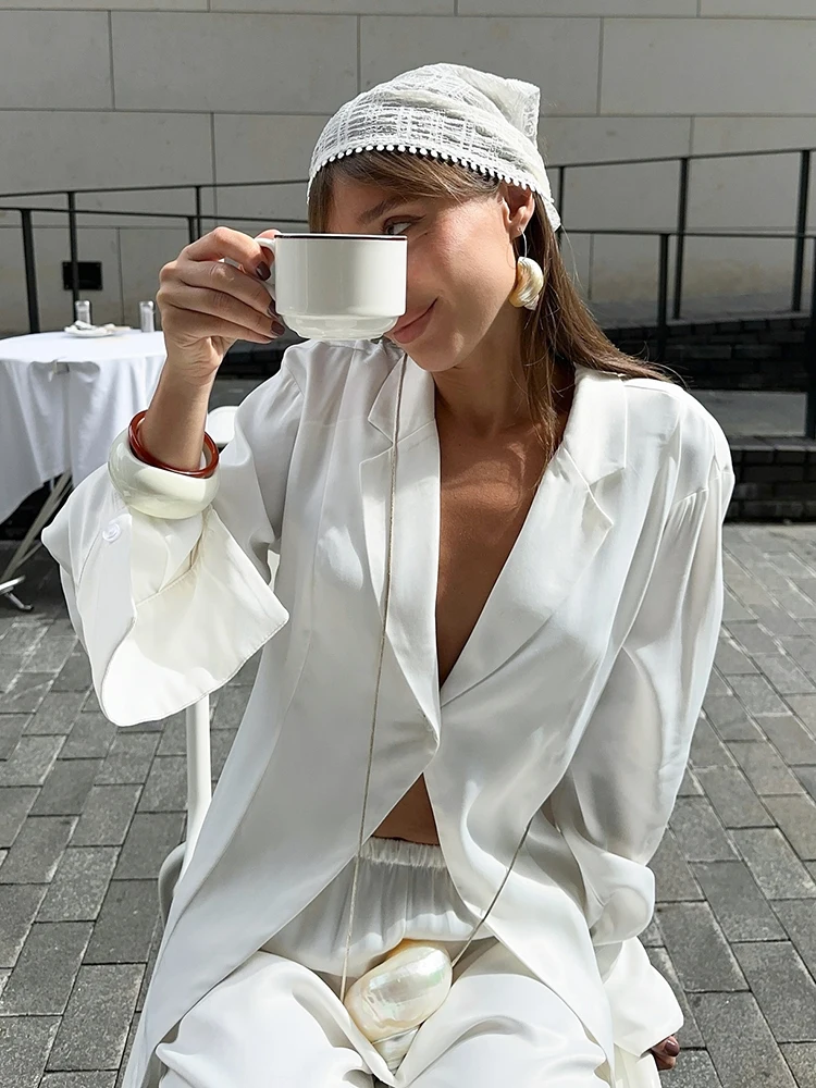 

Hiloc Women's 2 Piece Satin Pajama Set White Blazer Collar Long Sleeve Top Wide Leg Pants Elegant Loungewear 2026 Spring New