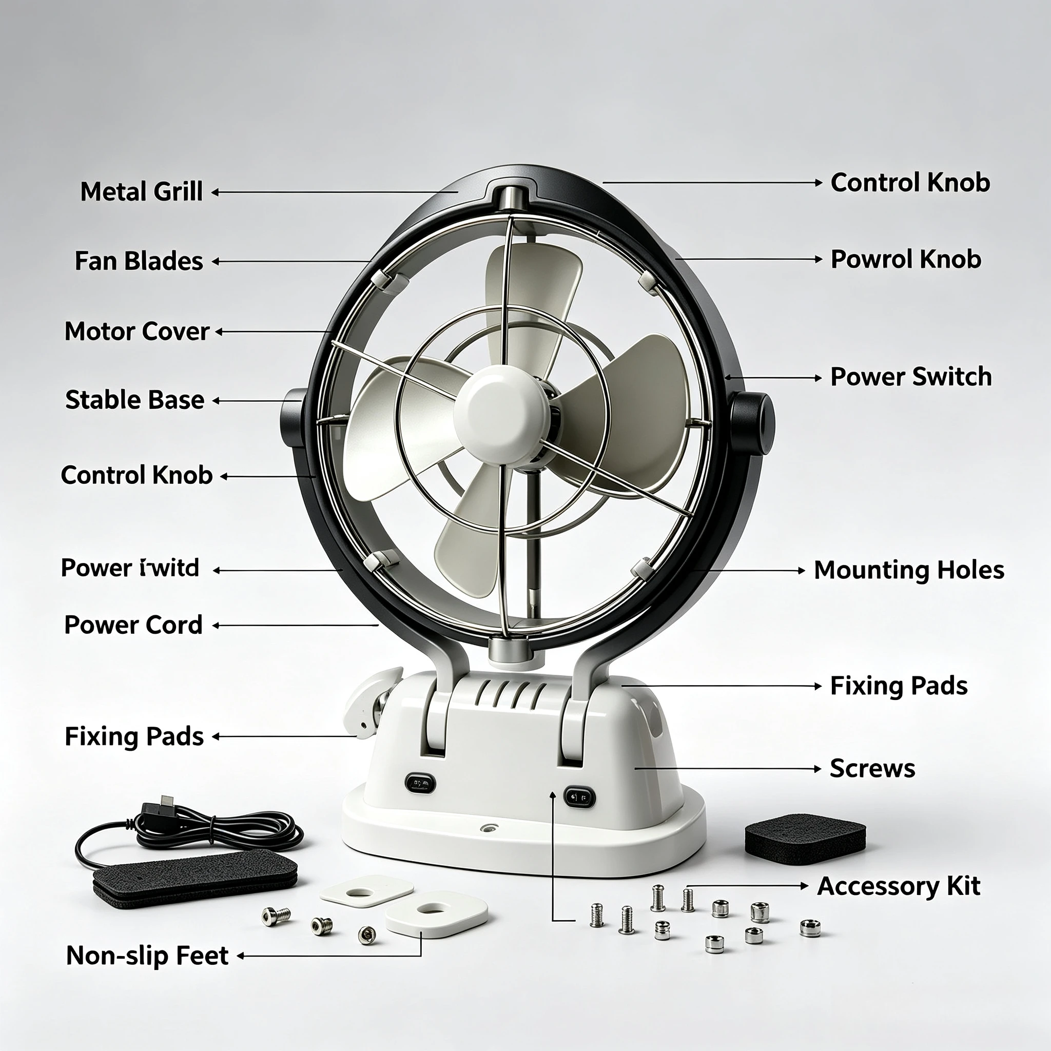 RV‑Special 12V/24V Remote Control Small Fan, 3‑Speed Adjustable Dual‑Color Black & White Cooling Fan, Low‑Noise DC Fan