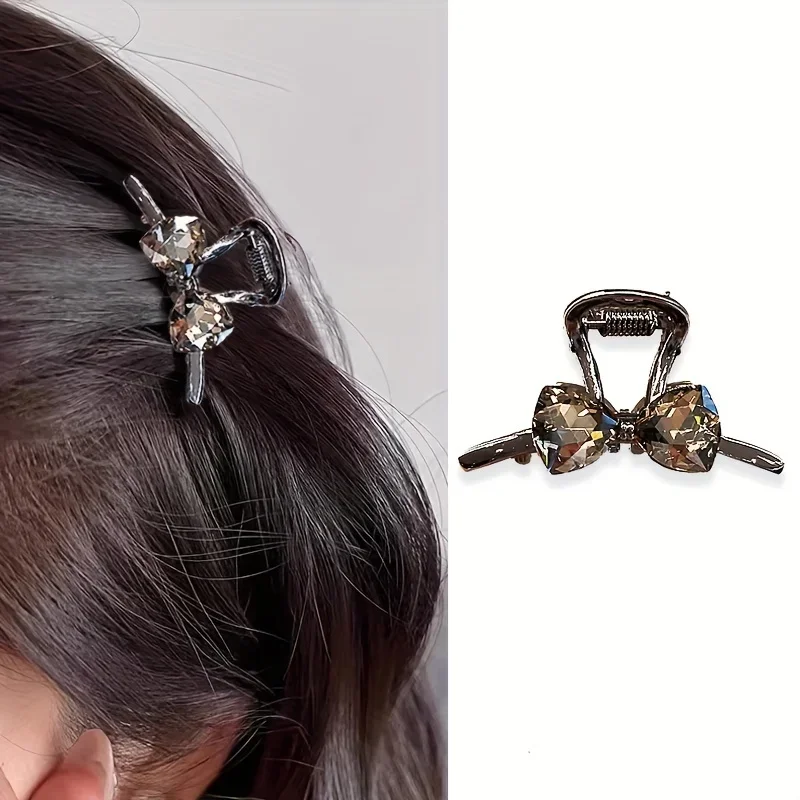 1pc Glamorous Black Rhinestone Bow Hair Clip - Medium Size Claw Hair Accessory, Fashion Alloy Hairpin, Everyday Hair Decor